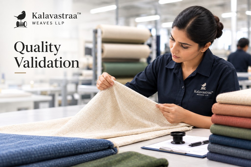 Kalavastraa inspector checking a cream woven cloth at the quality table, with folded samples and a clipboard